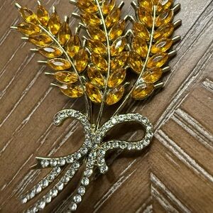 Gold and Yellow Wheat Brooch with Rhinestones